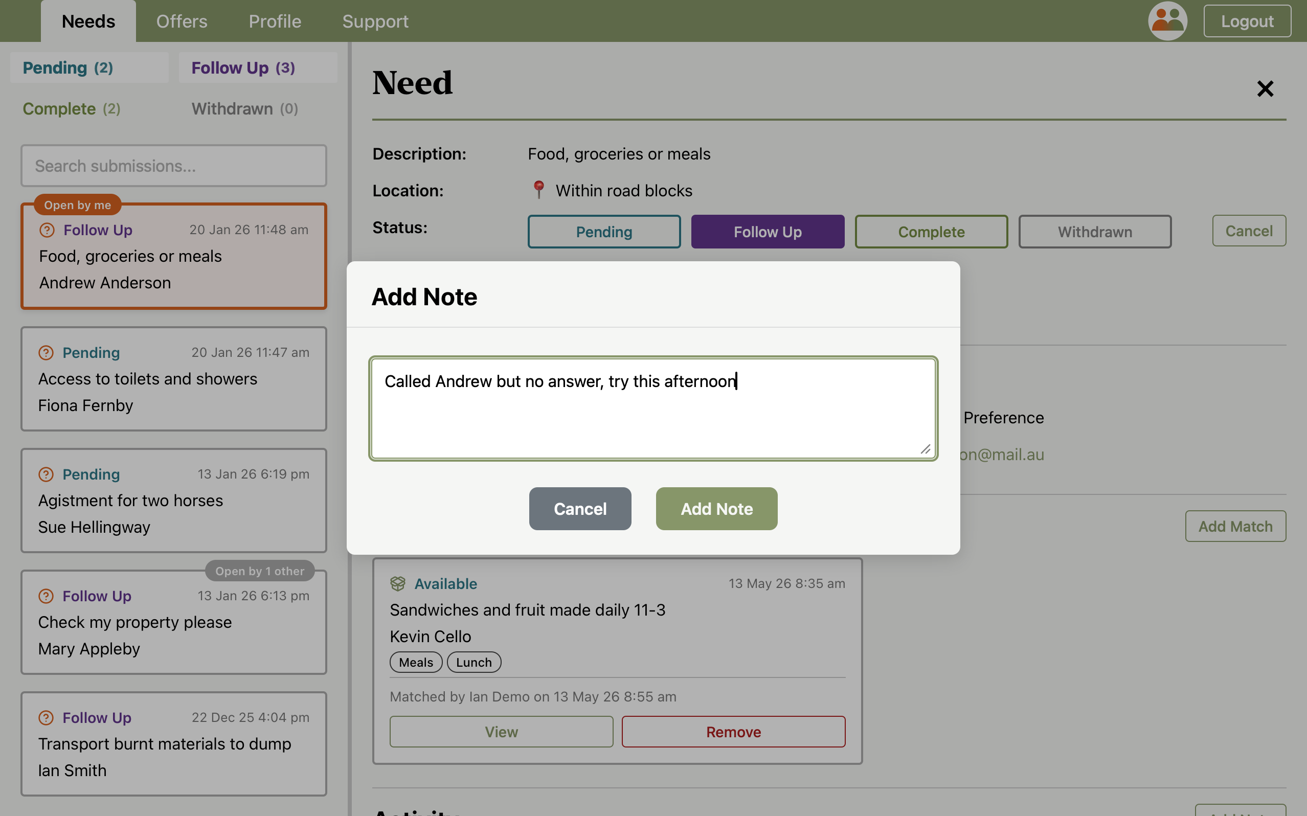 Adding a follow-up note to a matched need