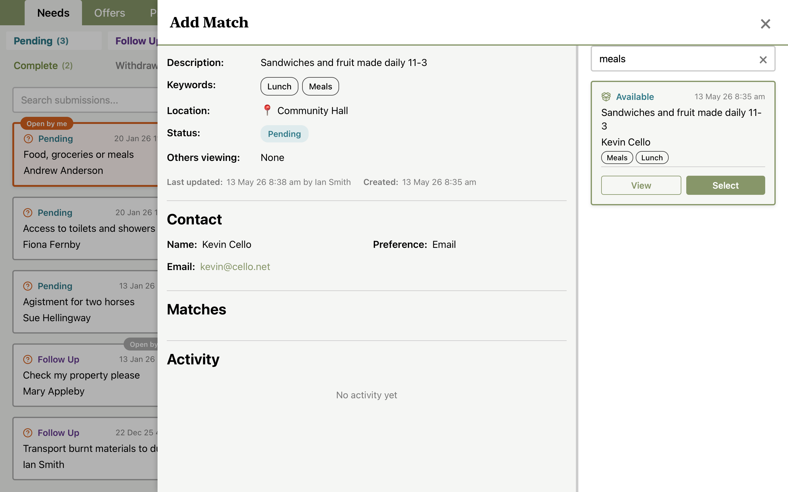 Matching a need to an offer in the moderator dashboard