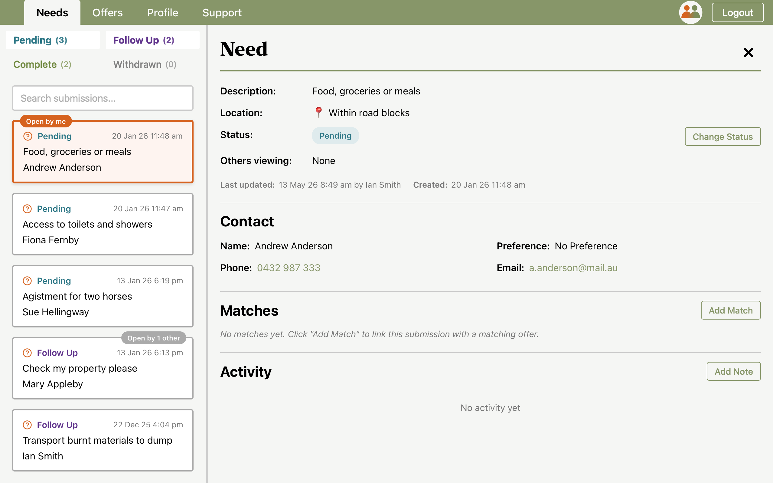 Moderator needs list with a need selected in the detail panel