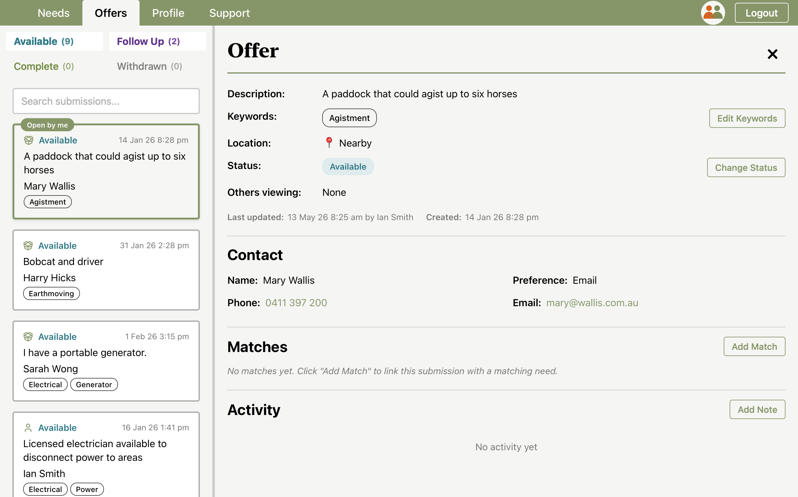 Moderator offers list with an offer selected